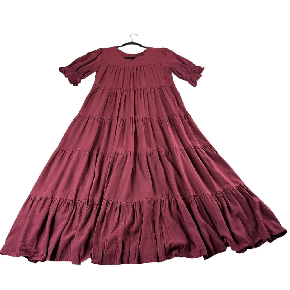 Bohme Burgundy Tiered Midi Dress Short Puff Sleeve Rayon Boho  Flowy Small